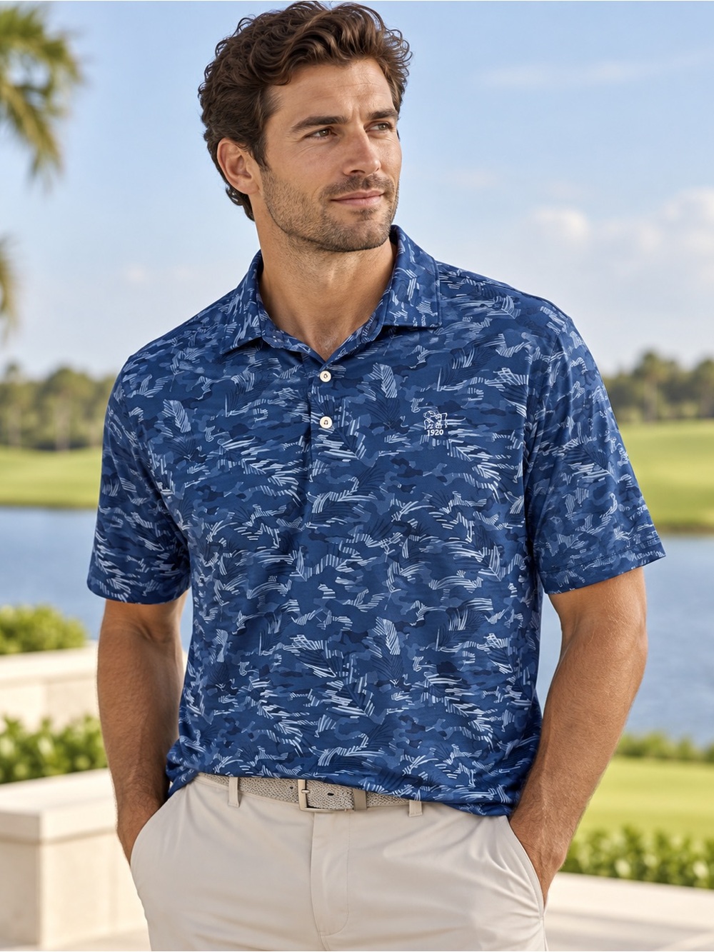 Peter Millar Summer Comfort XL Navy Blue Tropical Camo Golf Polo Embroidered